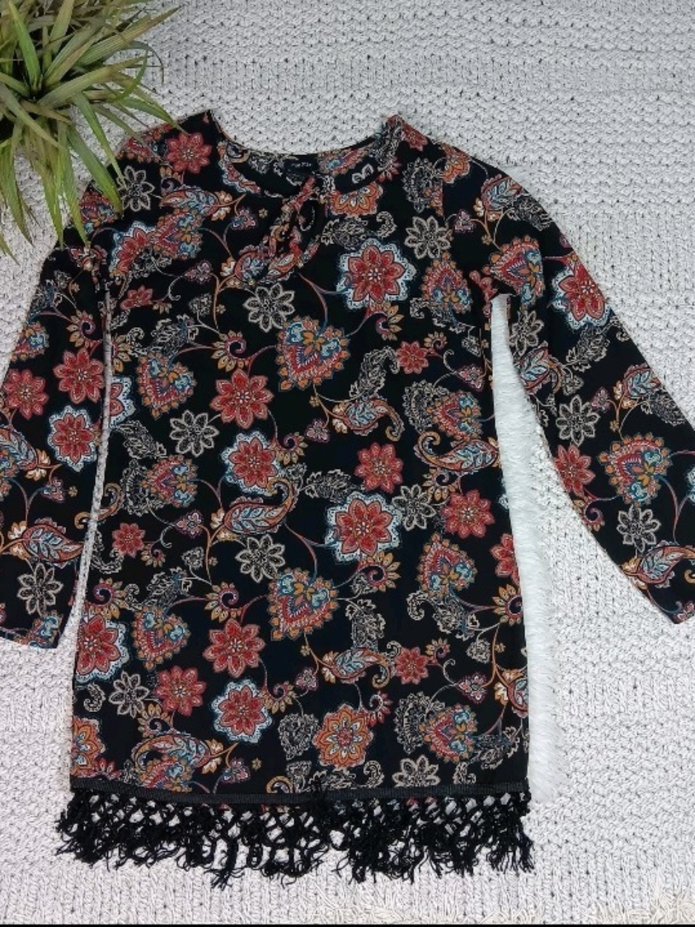Rue 21 Boho Black Floral Multicolor Print Tunic Mini Dress W/ Fringe Hem